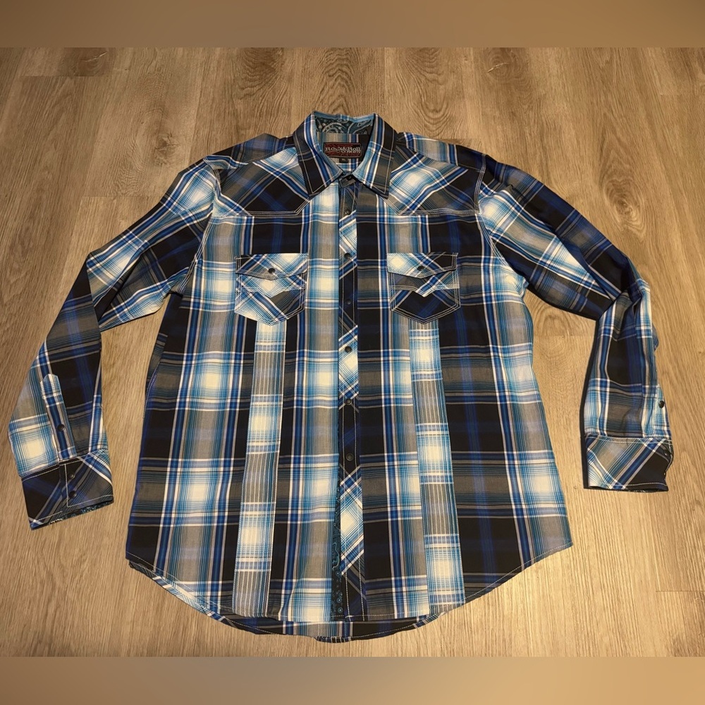 Rock & Roll Cowboy Pearl Snap Shirt Men Size XL Blue Plaid Long Sleeve Western